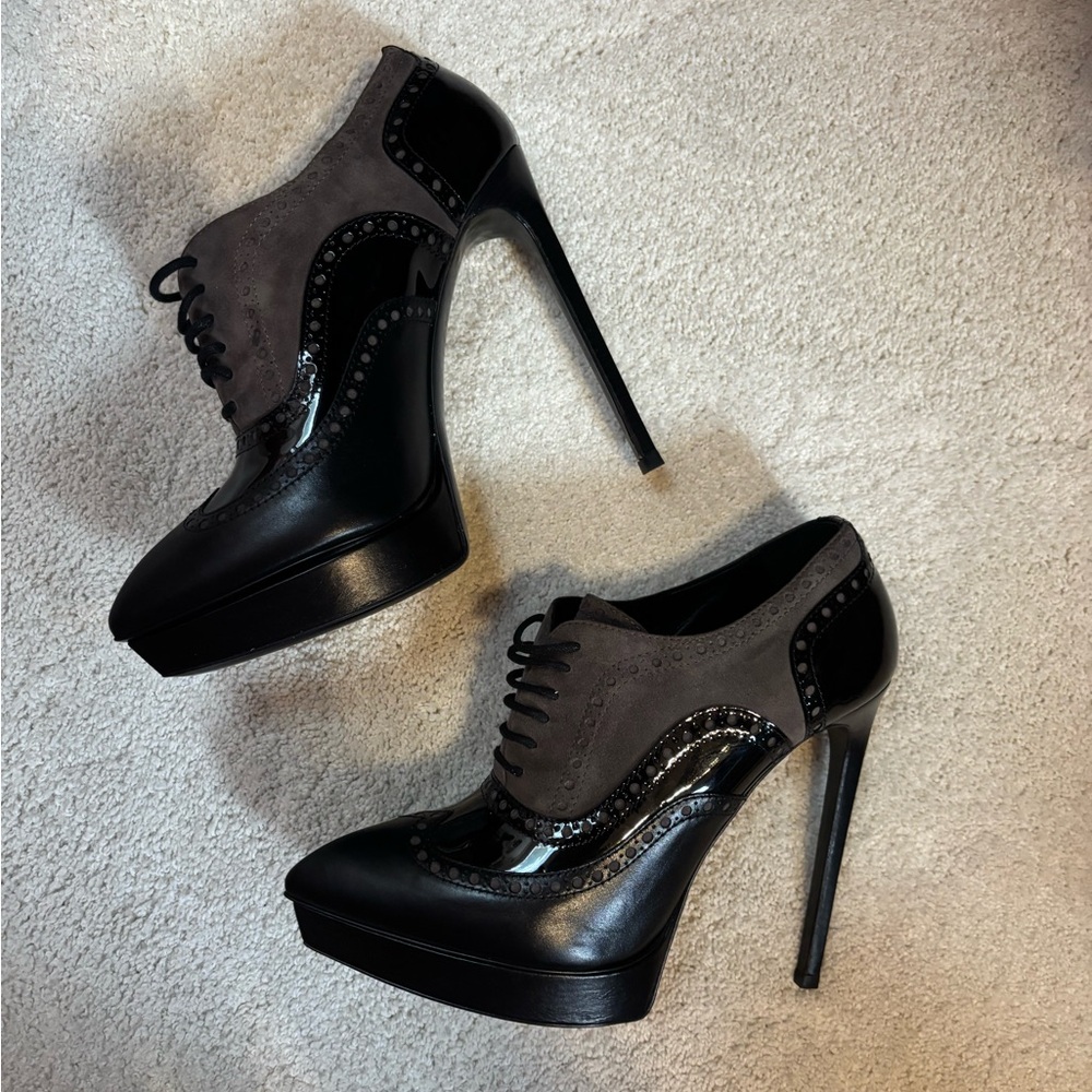 Saint Laurent Paris Grey & Black Leather Janis Platform Brogue Boot